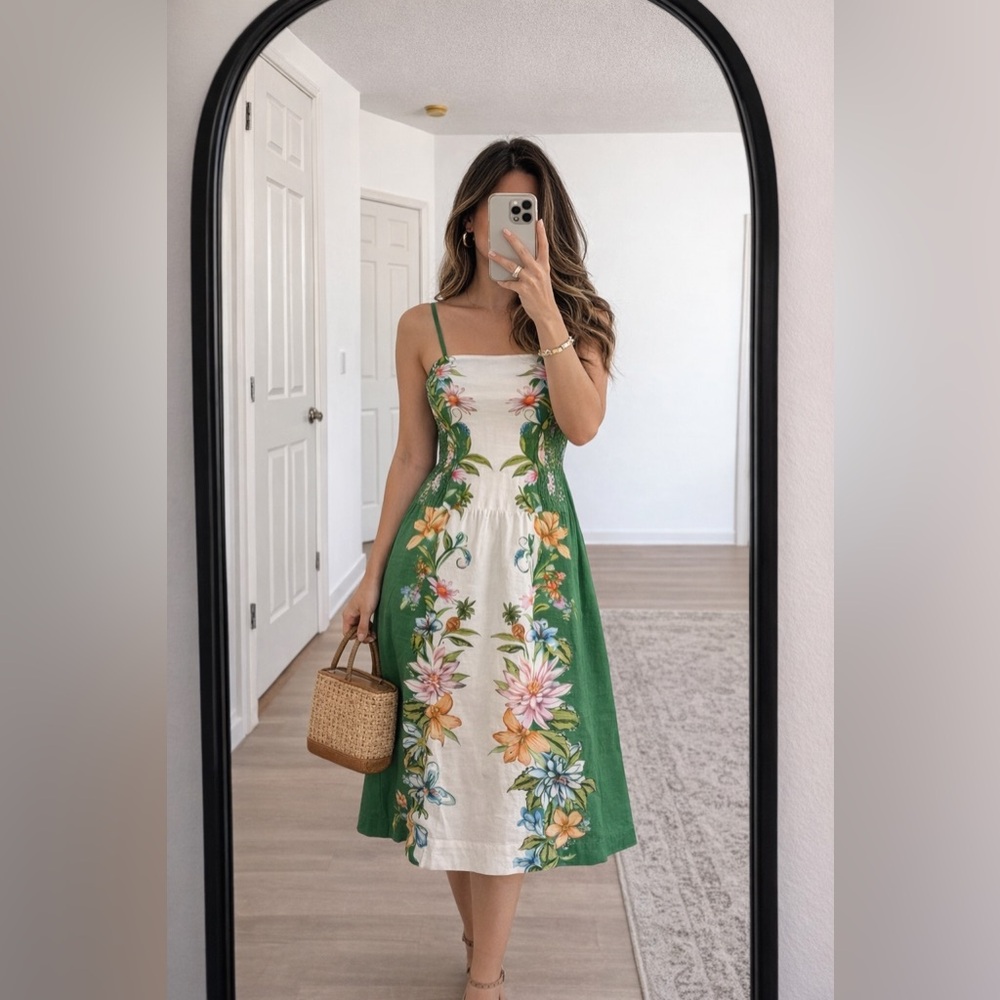 Farm Rio Women's Sweet Bloom Dreamscape Linen-Blend Midi-Dress